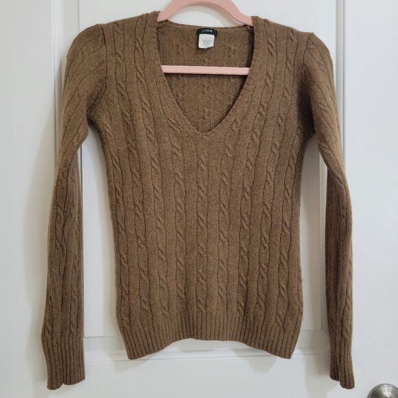 J. Crew Cable Knit V-Neck Merino Wool Angora Cashmere Sweater Camel XS - Picture 1 of 7